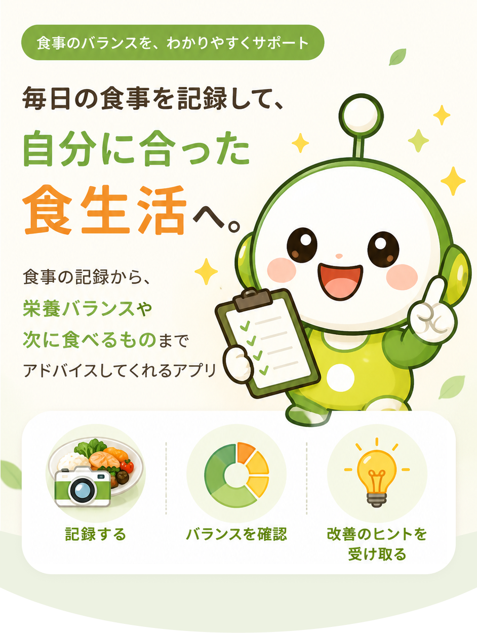 メシコレ｜毎日の食事を記録して、自分に合った食生活へ。栄養バランスをスコアで可視化し、不足している栄養や次に食べるものをやさしくアドバイスする食事記録アプリ
